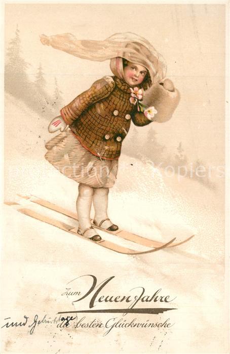Skifahren Kind Muff Neujahr Litho