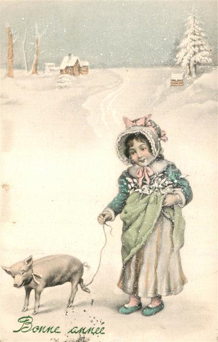 Neujahr Kind M?dchen Schwein Schnee