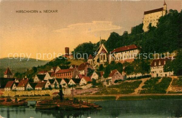 Hirschhorn Neckar Blick über den Fluss zur Stadt mit Schl