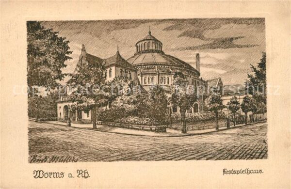 Worms Rhein Festspielhaus Original Federzeichnung v