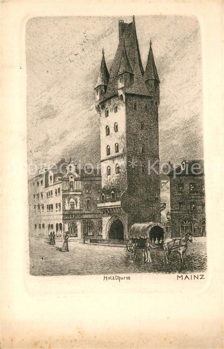 Mainz Rhein Holzturm Originalradierung von G. W. Sc