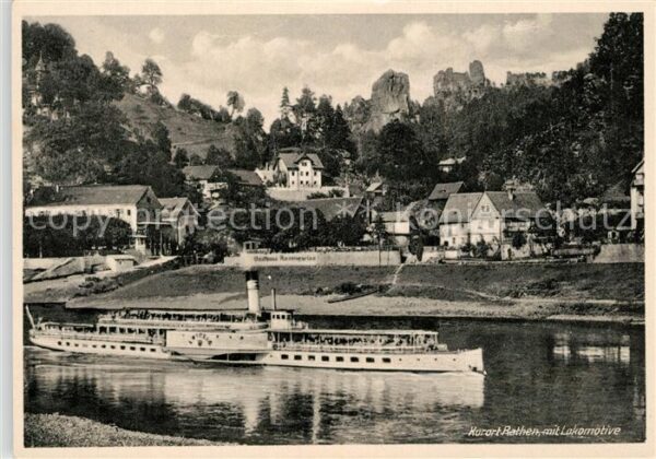 Rathen Saechsische Schweiz Elbe Dampfer Blick zur Lokomotive Felsf