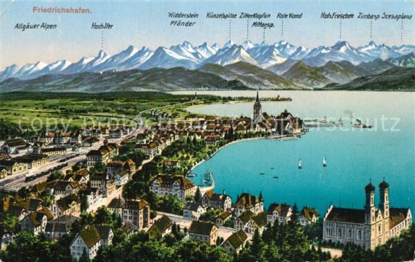 Friedrichshafen Bodensee Stadtpanorama Alpen aus der Vogelperspe