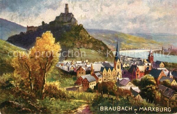 Braubach Rhein Panorama mit Marxburg Künstlerkarte