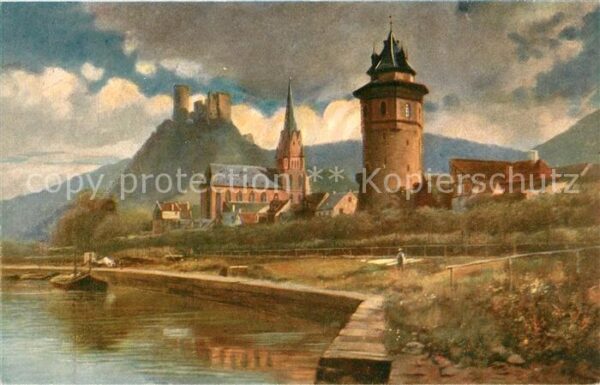 Oberwesel Rhein Partie am Fluss Blick zur Burg Schönbur