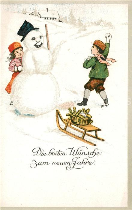 Schneemann Kinder Schlitten Weihnachten Litho