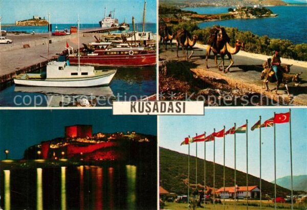 Kusadasi Teilansichten Hafen Fahnen Nachtaufnahm