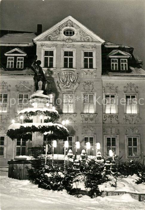 Schneeberg Erzgebirge Bergmannsbrunnen zur Weihnachtszeit Nac