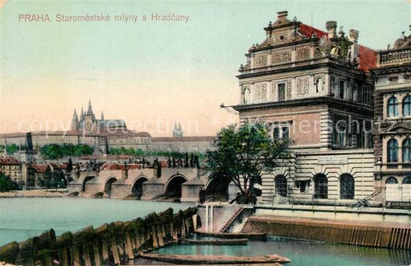 Praha Prahy Prague Staromestske mlyny s Hradcany Altstadtm
