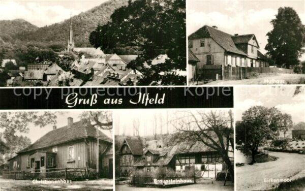 Ilfeld Suedharz Ortsansicht mit Kirche Hufhaus Birkenmo