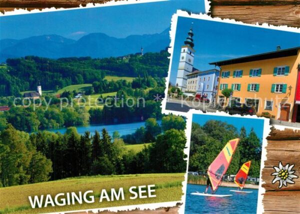 Waging See Ortsmotiv mit Kirche Windsurfen Landsch
