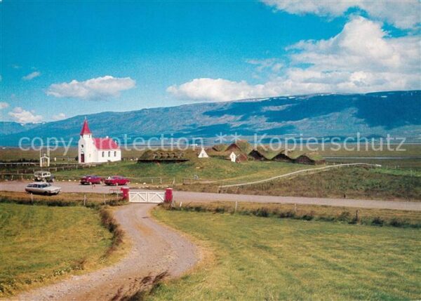 Island Iceland Farm and church seen from the main road