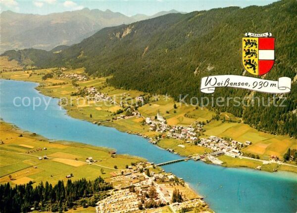 Weissensee Kaernten Fliegeraufnahme mit Camping und Strandb