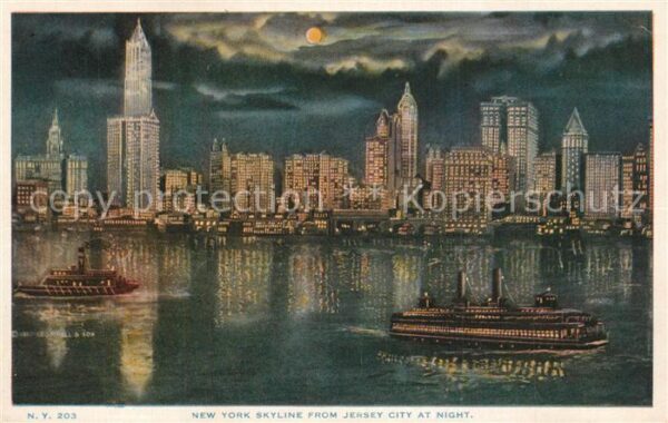 New York City Skyline from Jersey City at night Illus