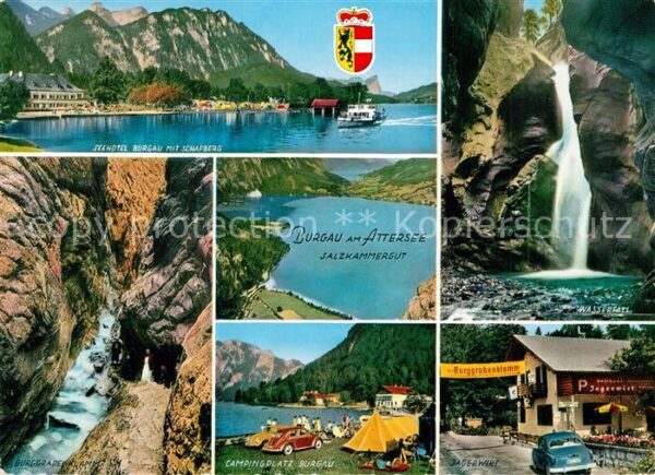 Burgau Attersee Salzkammergut Seehotel mit Schafberg Burggrabenklamm