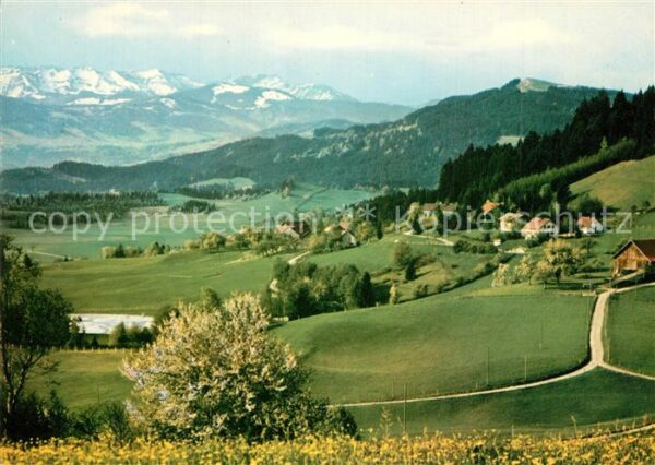 Scheidegg Allgaeu Blick vom Kreuz auf das Alpenfreibad mi