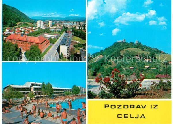 Celje Cilli Stadtpanorama Burgblick Freibad