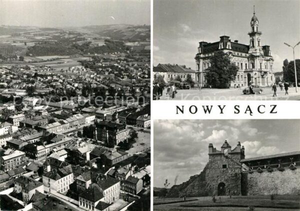 Nowy Sacz Kleinpolen Widok ogolny Ratusz Fragment zamku basz