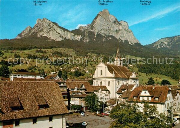 Schwyz Ansicht mit Kirche Blick zu den Mythen
