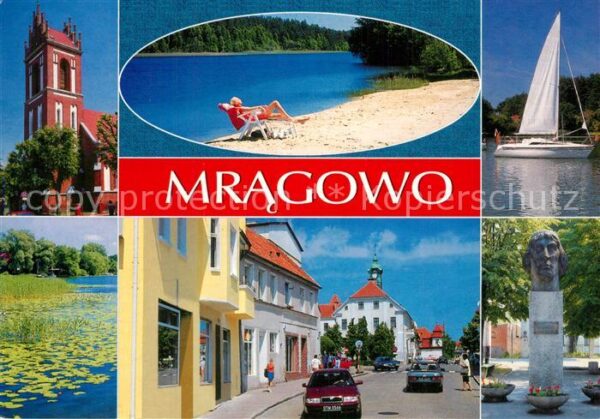 Mragowo Sensburg Teilansichten Strand Segelboot Denkmal