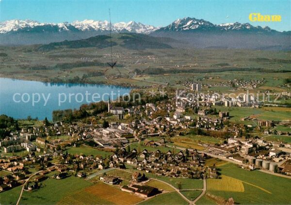 Cham ZG Fliegeraufnahme mit Zugersee und Alpen