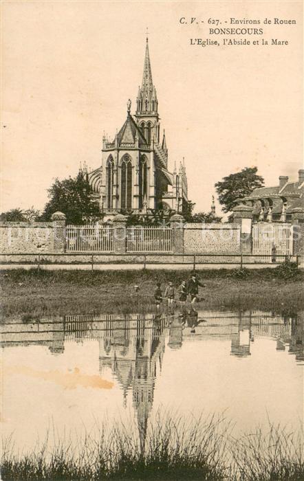 Bonsecours 76 Eglise Abside et la Mare