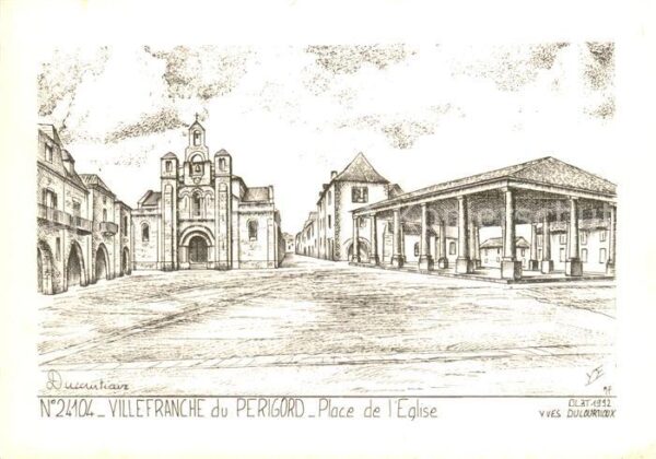 Villefranche-du-Perigord Place de l Eglise Dessin Künstlerkarte
