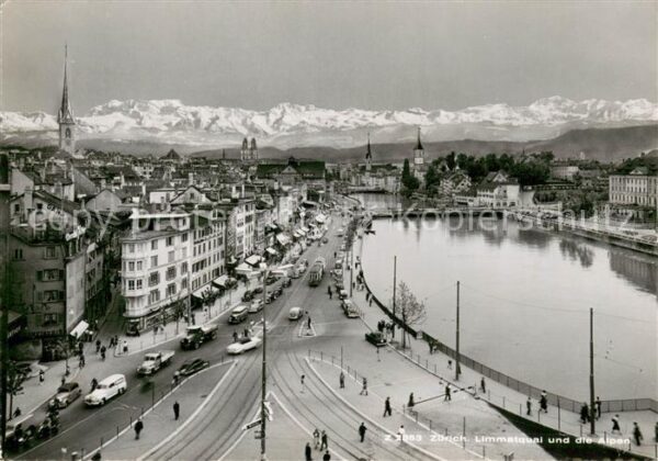 Zuerich ZH Panorama Limmatquai und die Alpen