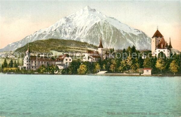 Spiez Thunersee BE Ansicht vom See aus Kirche Niesen Berne