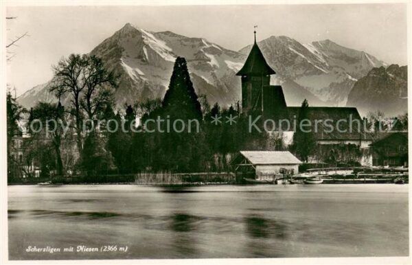 Scherzligen BE Ansicht vom Thunersee Kirche Niesen Ber
