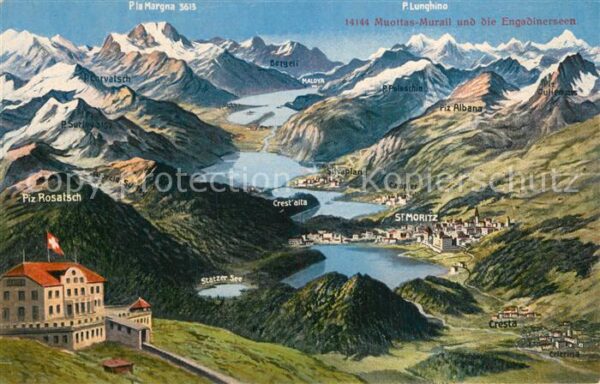 Muottas Muragl Berghotel Blick über Engadinerseen Alpe