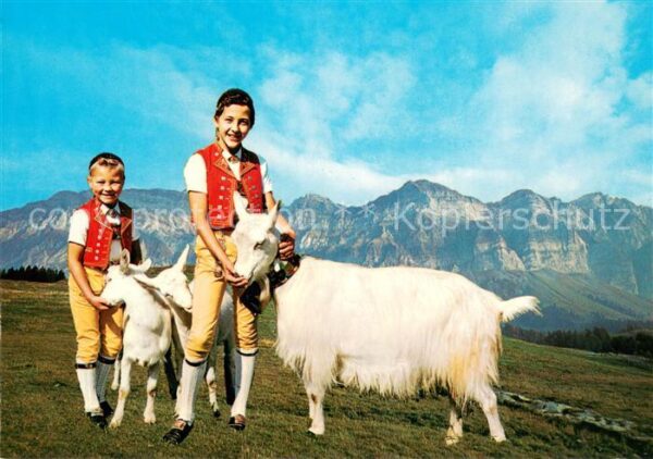 Appenzell IR Trachtenkinder mit Ziegen und Säntisbli