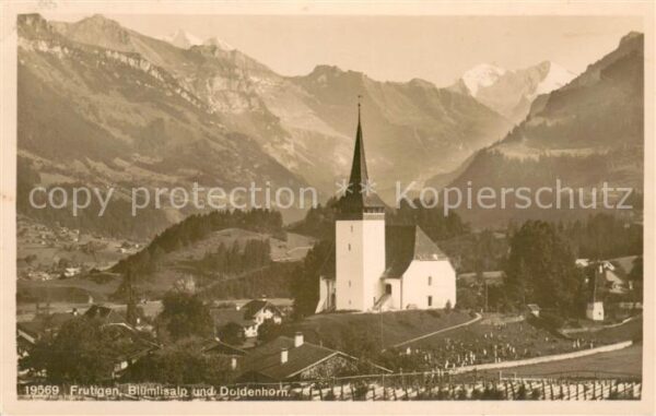 Frutigen BE mit Kirche Blümlisalp und Doldenhorn