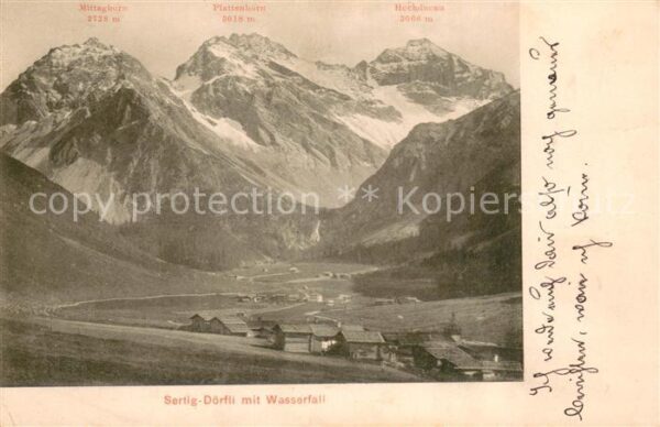 Sertig Doerfli mit Wasserfall Mittaghorn Plattenhorn u