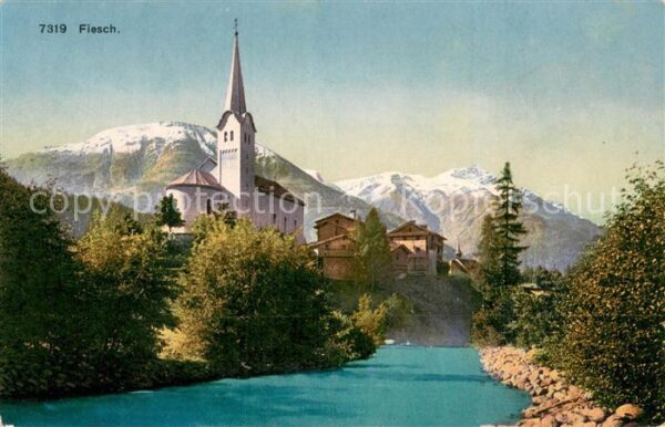 Fiesch Dorfansicht mit Kirche Partie am Fluss