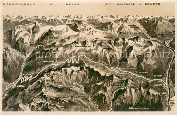 Klausenstrasse Panoramakarte mit Graubündner Berge und