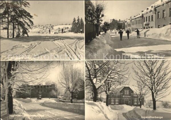 Schoeneck Vogtland Winterlandschaft Strassenpartie Rathaus