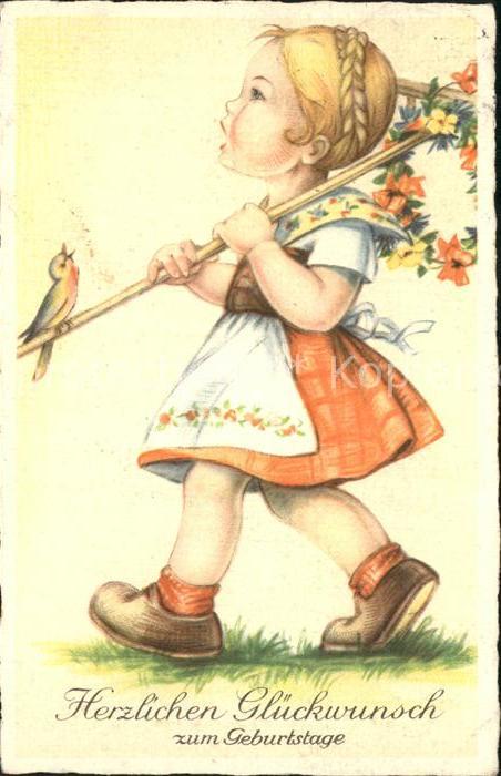 Geburtstag Kind Blumenkranz Vogel