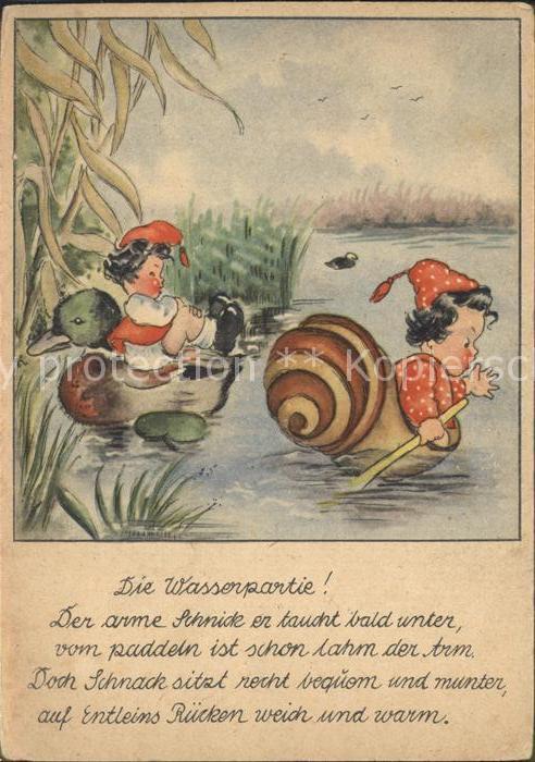 Kuenstlerkarte Marg. Palu Schnecke Ente Mädchen Wasser