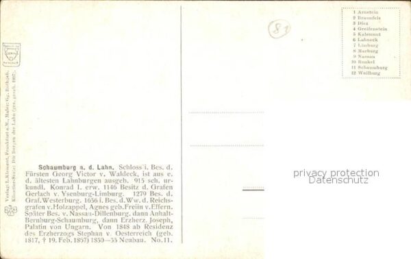 Balduinstein Schloss Schaumburg Künstlerkarte G. Rot – Bild 2