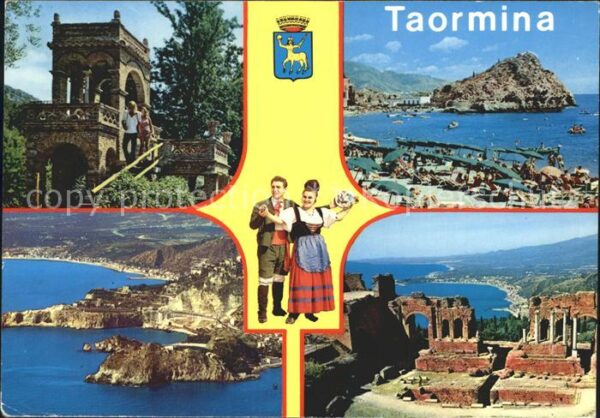 Taormina Sizilien Teilansichten Küste Strand Ruine Tracht