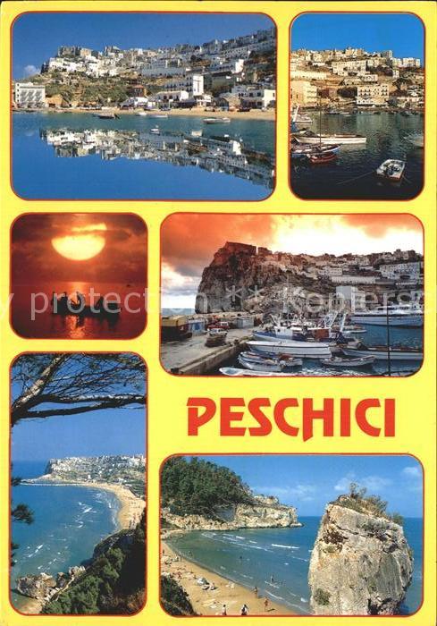 Peschici  Teilansichten Strand Hafen Sonnenunterg