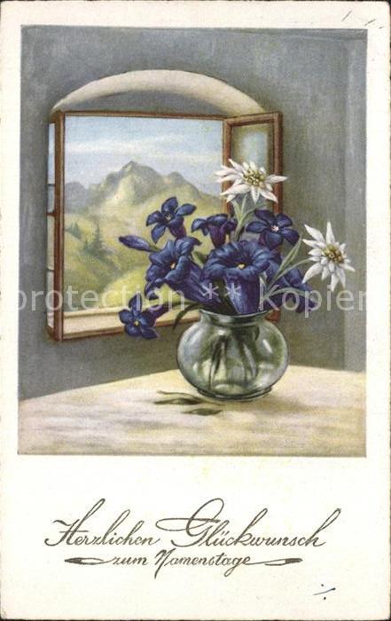 Namenstag Namenskarte Edelweiss Enzian Vase Fenster Berge