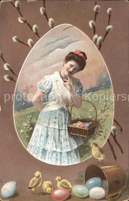 Ostern Easter Paques Frau Küken Ostereier Weidenkätzchen Lit