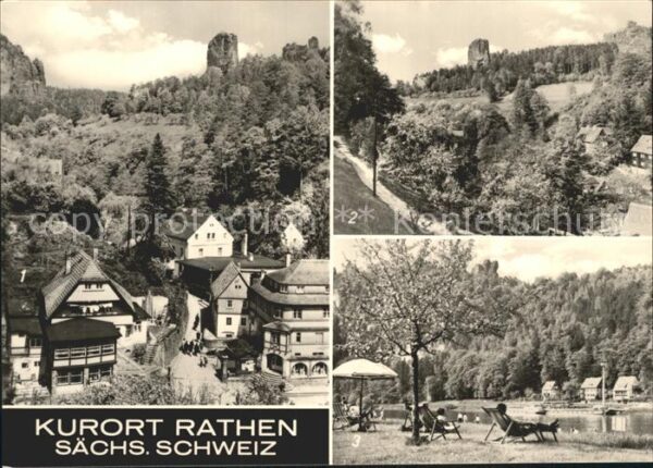 Rathen Saechsische Schweiz Talwächter und Lokomotive Liegewiese El