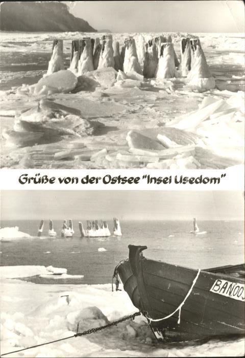 Usedom Eisschollen in der Ostsee Boot am Stran