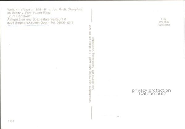 Stephanskirchen Simssee Weltuhr erbaut 19. Jhdt. Jos. Gress Res – Bild 2