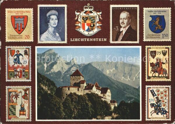 Briefmarken auf Postkarte Fürstentum Liechtenstein Schloss Vaduz