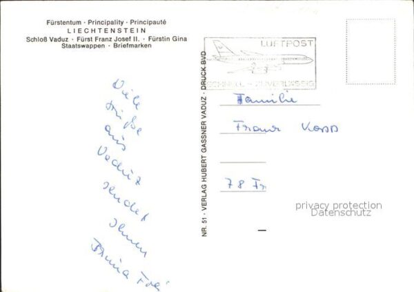 Briefmarken auf Postkarte Fürstentum Liechtenstein Schloss Vaduz – Bild 2