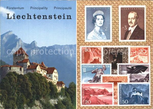 Briefmarken auf Postkarte Fürstentum Liechteinstein Schloss Vaduz